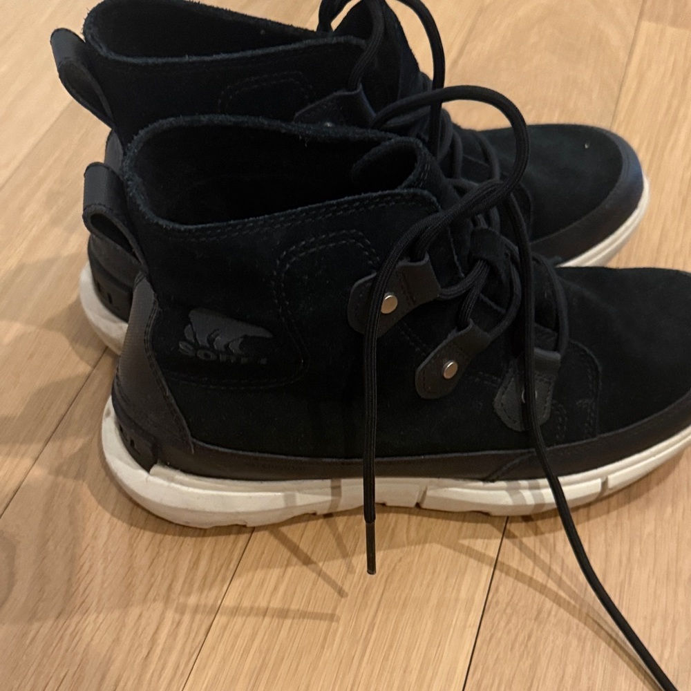 Sorel Black Suede Lace-Up Ankle Sneakers with White Sole